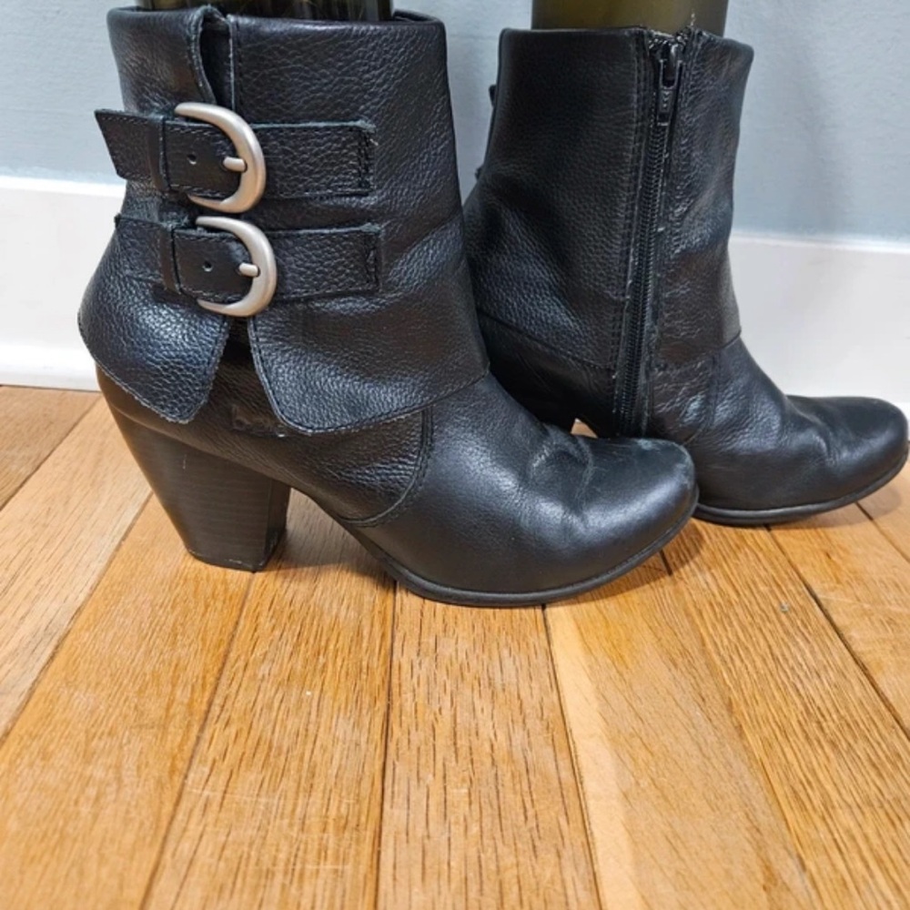 Born Black Leather Heeled Boots with Buckle Detail